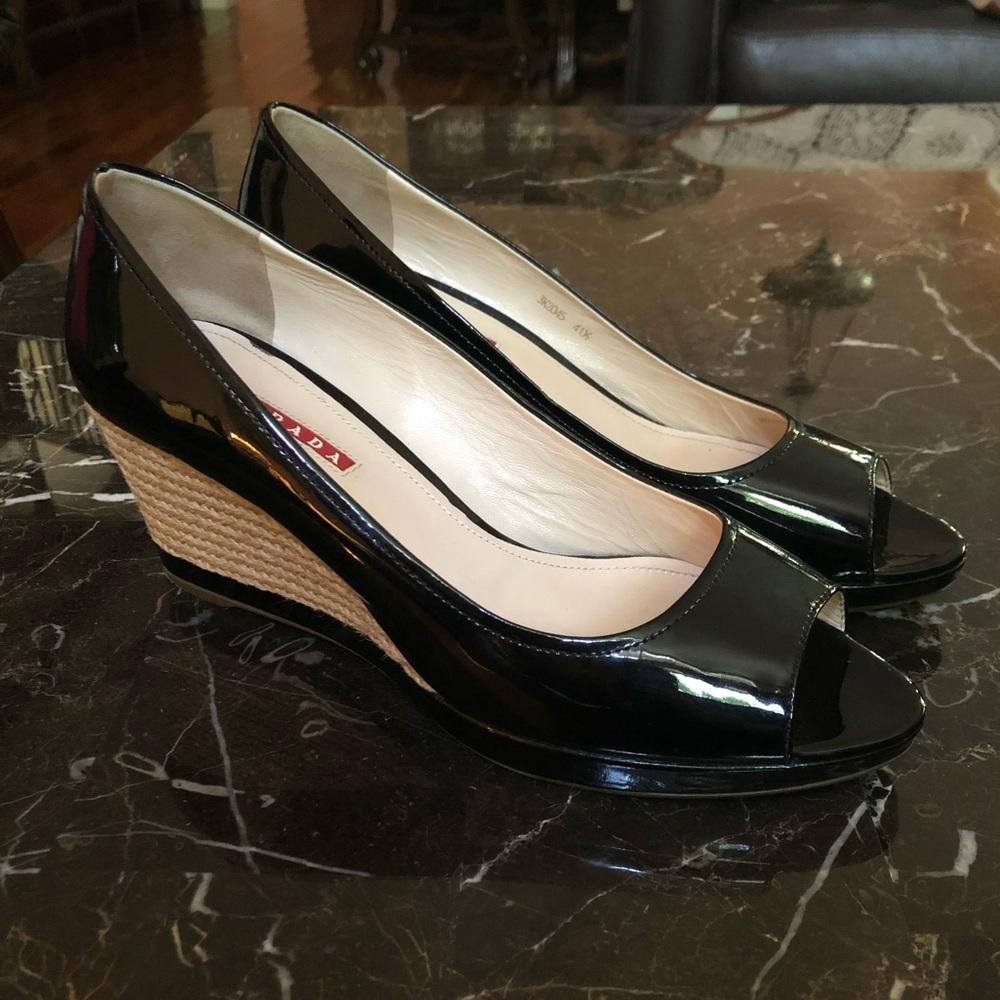 Prada patent leather peep toe wedges